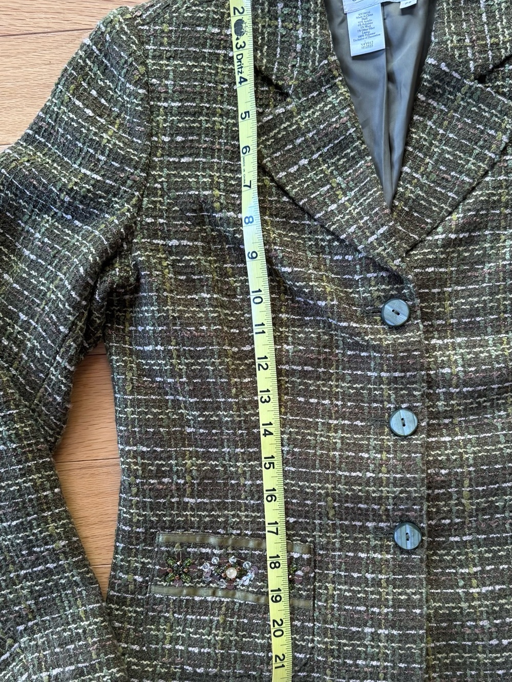 EUC Coldwater Creek Olive Green Tweed Embellished Women's Blazer Jacket, Sz PS - Picture 12 of 12